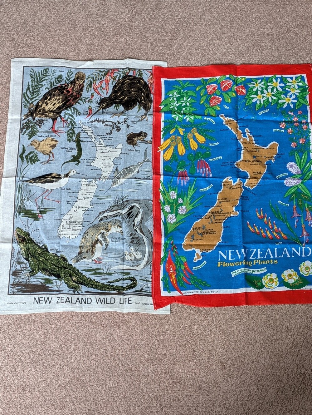 NWOT Vintage New Zealand Tea Towel Set Cotton Wild Life Flowering Plants & Maps